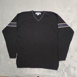 Utility Sweater Mens M Black V-Neck Lambswool Blend Striped Sleeve Pullover